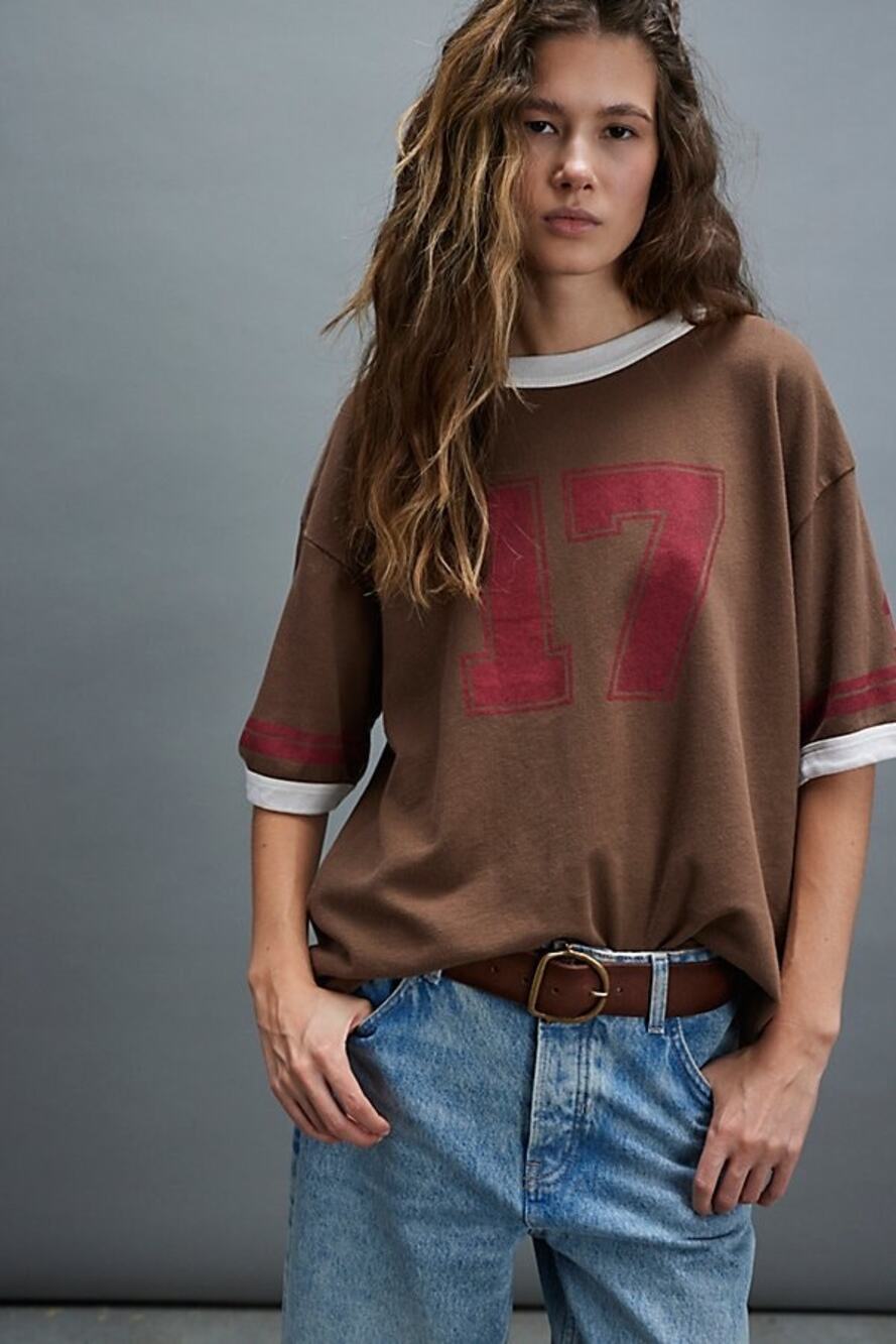 Ragabond Lost & Found Free People Ringer Tee Brown Maroon 17 Organic Cotton NEW
